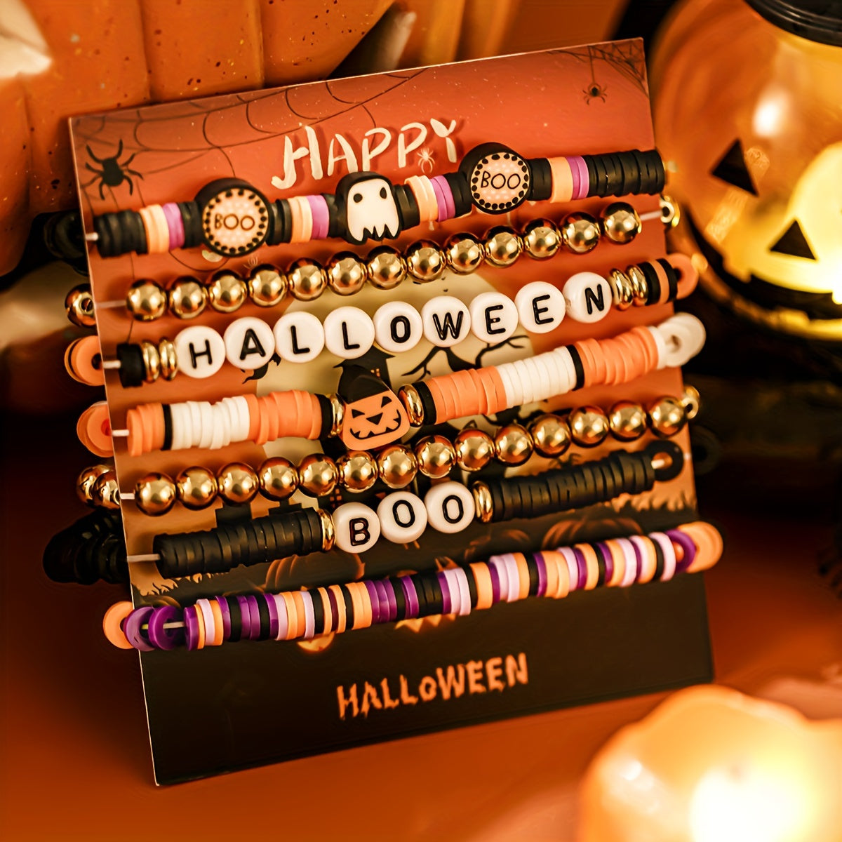 Pulsera de cuentas de arcilla polimérica con cabeza retro picante y calabaza, juego de 7 piezas transfronterizo de nuevo ambiente para Halloween