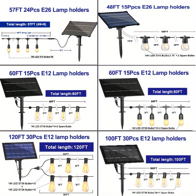 STRIGHT Cadena de luces solares de 120 pies/100 pies/60 pies/57 pies y 48 pies/25 pies de cadena de luces solares para exteriores resistentes a la intemperie con control remoto, bombilla LED Edison con energía solar para exteriores, patio trasero