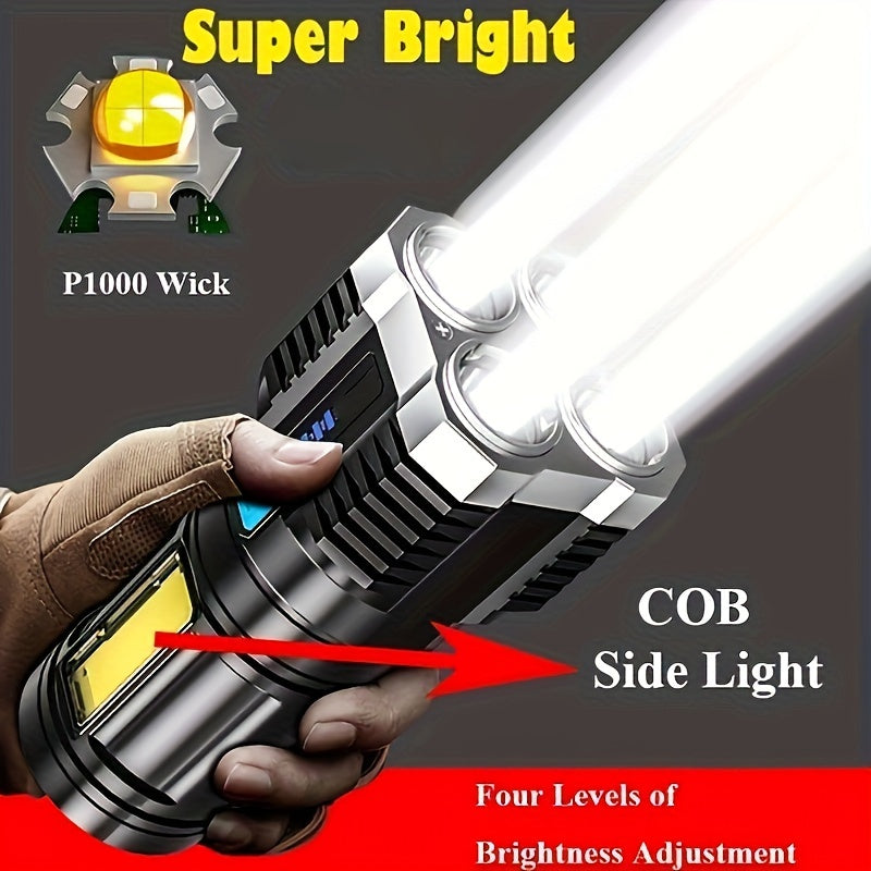 Linterna LED de 1 pieza, potente linterna de 4 LED con luz lateral COB, linterna LED recargable por USB de 4 modos, linterna con batería incorporada impermeable, herramienta para acampar