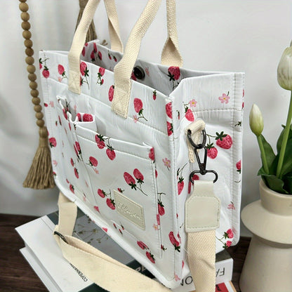 StrawberryTote Bolso para mujer Bolso de lona con parches Lindo bolso de hombro Bolso de mano con múltiples bolsillos para viajes de trabajo (solo bolso cruzado)