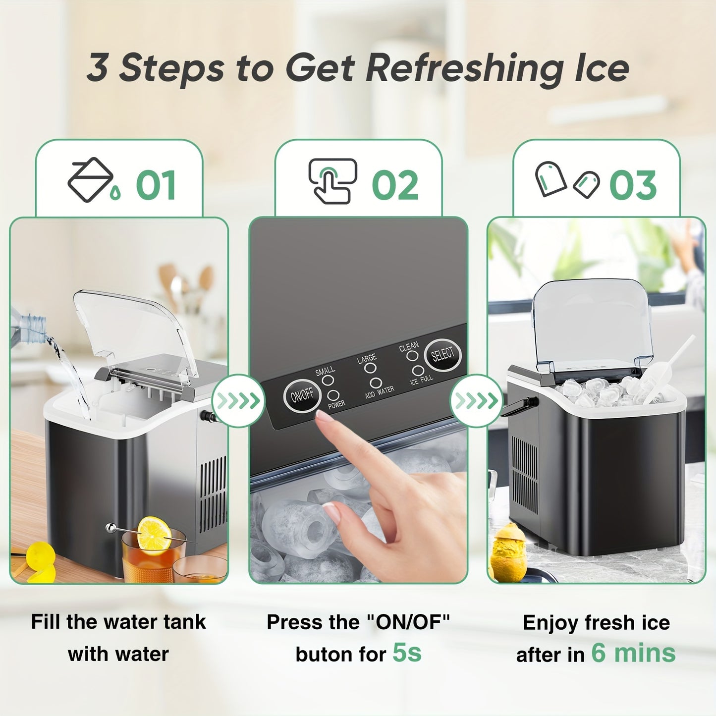 Máquina para hacer hielo en encimera, máquina de hielo portátil autolimpiante, 9 cubos en 6 minutos, 26,5 libras/24 horas, 2 tamaños de hielo tipo bala, con cuchara para hielo, cesta y asa, máquina para hacer cubitos de hielo para fiestas en la cocina