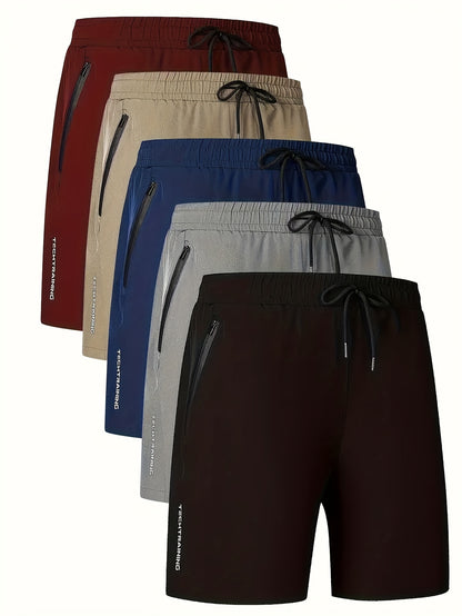 Pantalones cortos deportivos informales para hombre, 5 uds., con bolsillos con cremallera, pantalones cortos para correr de entrenamiento activo de secado rápido con cintura elástica y cordón