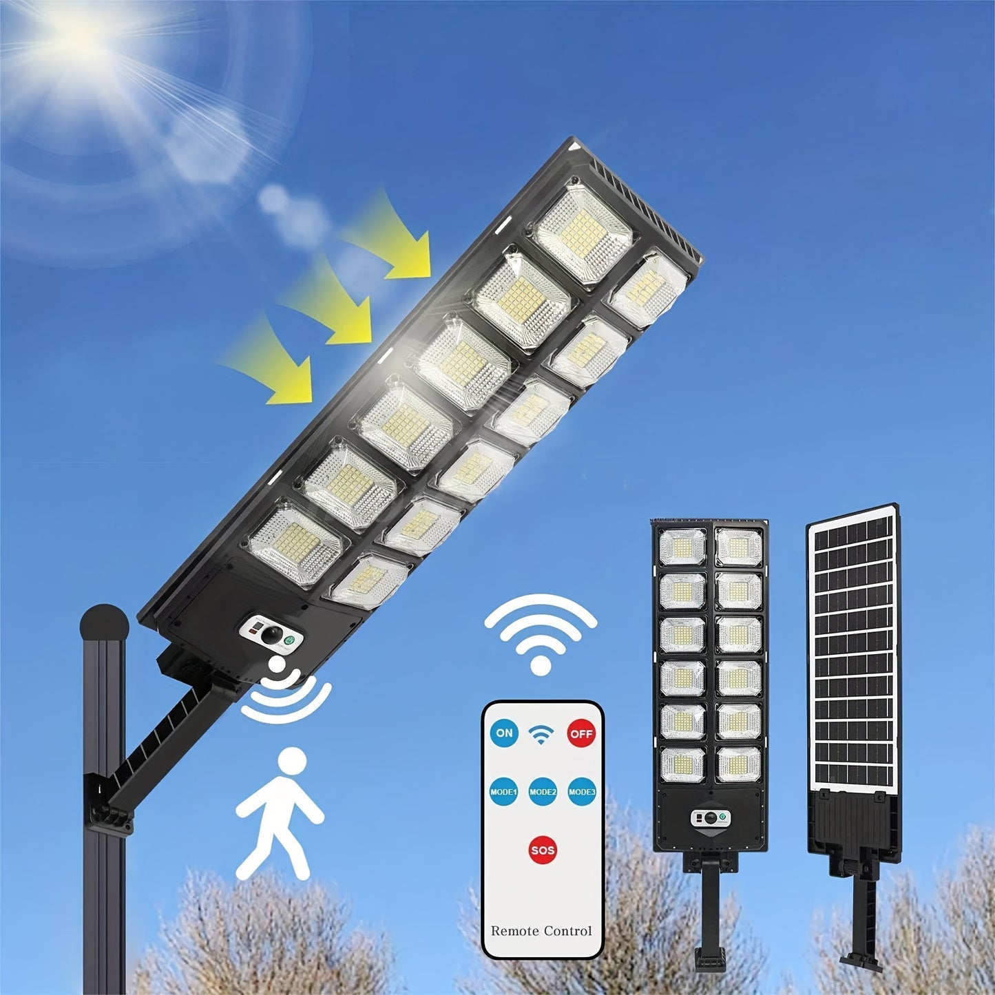 Luz solar de pared ultra brillante de 504 LED: excepcionalmente potente, sensor de movimiento, control remoto, 3 modos: ideal para espacios al aire libre, calles, jardines, garajes, patios traseros e iluminación de seguridad de puertas de entrada