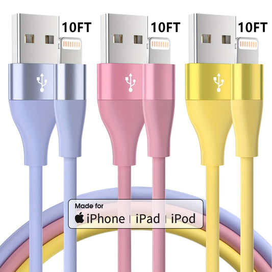 1/3 paquetes de cable de carga rápida de 10 pies - Certificado MFi para iPhone 14/13/12/11 Pro Max/12 Mini/XR/XS/X/8/7/6 Plus SE