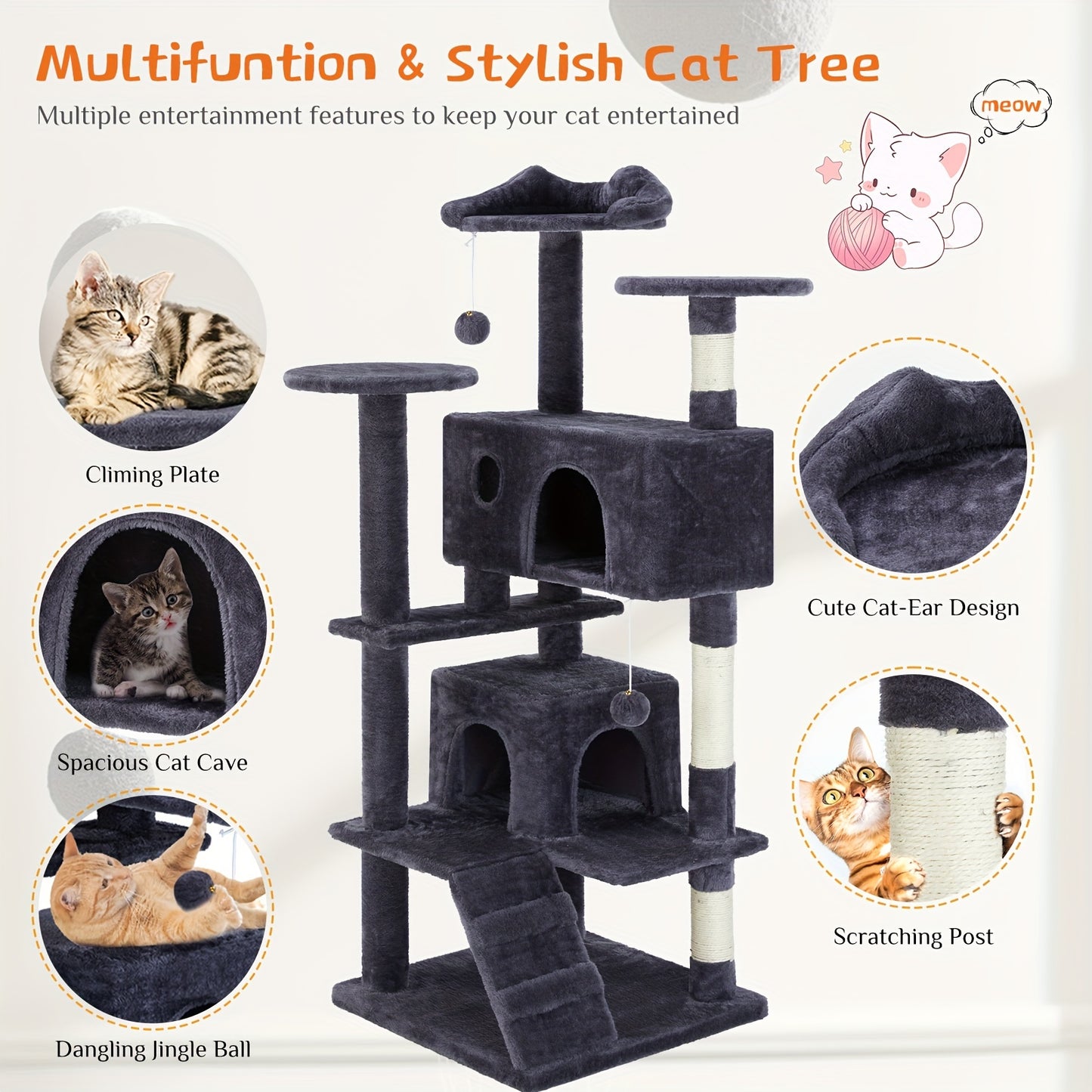 Sweetcrispy Árbol para gatos, Torre para gatos de interior, Torre para árbol para gatos de 54 pulgadas, Muebles para mascotas de varios niveles con poste rascador de sisal, Tela de felpa, Cama grande para condominio, Escalera para escalar, Juguete Ji