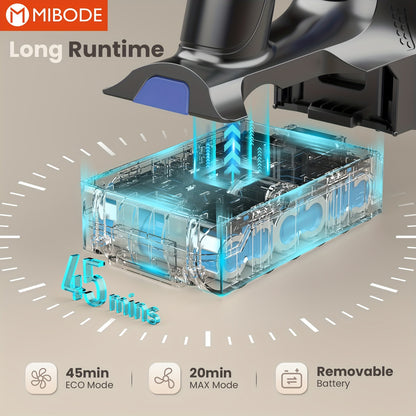 Aspiradora inalámbrica MIBODE, potente aspiradora vertical de 26 kPa con autonomía de 45 minutos, aspiradoras antienredos para el hogar, depósito para polvo de 50,72 oz, aspiradora inalámbrica recargable para pisos de madera, alfombras y pelo de mascotas