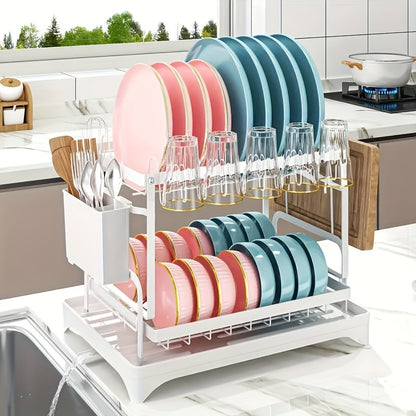 Escurridor de platos, soporte para utensilios de 2 niveles, escurridor de platos de cocina a prueba de óxido con escurridor y soporte para utensilios para encimera de cocina, accesorios de cocina