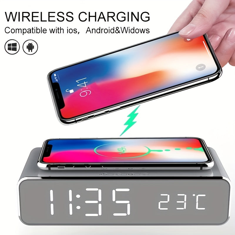 Cargador inalámbrico con reloj despertador LED, termómetro digital, auriculares, cargadores de teléfono, estación de carga rápida para iPhone y Samsung.