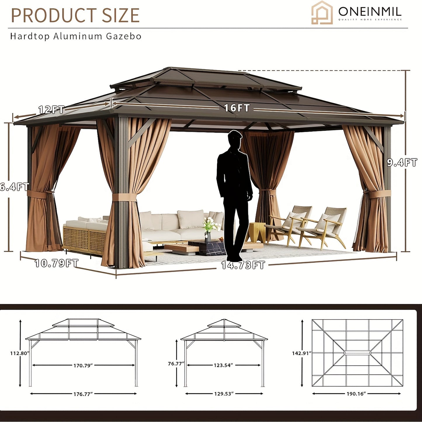 Gazebo de policarbonato para exteriores de 12 x 16 pies, cenador de techo rígido de doble techo resistente con marco de aluminio, red y cortinas para patios