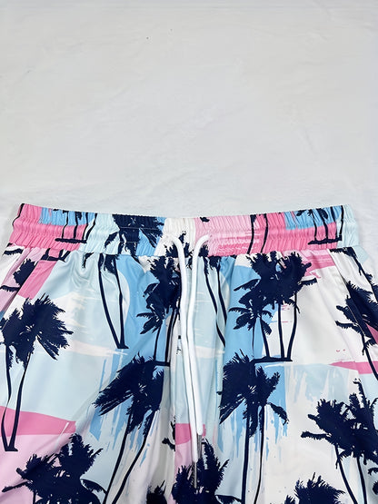 Pantalones cortos de playa para hombre con estampado de árbol de coco, secado rápido con cordón, ligeros para vacaciones de verano en la playa y surf