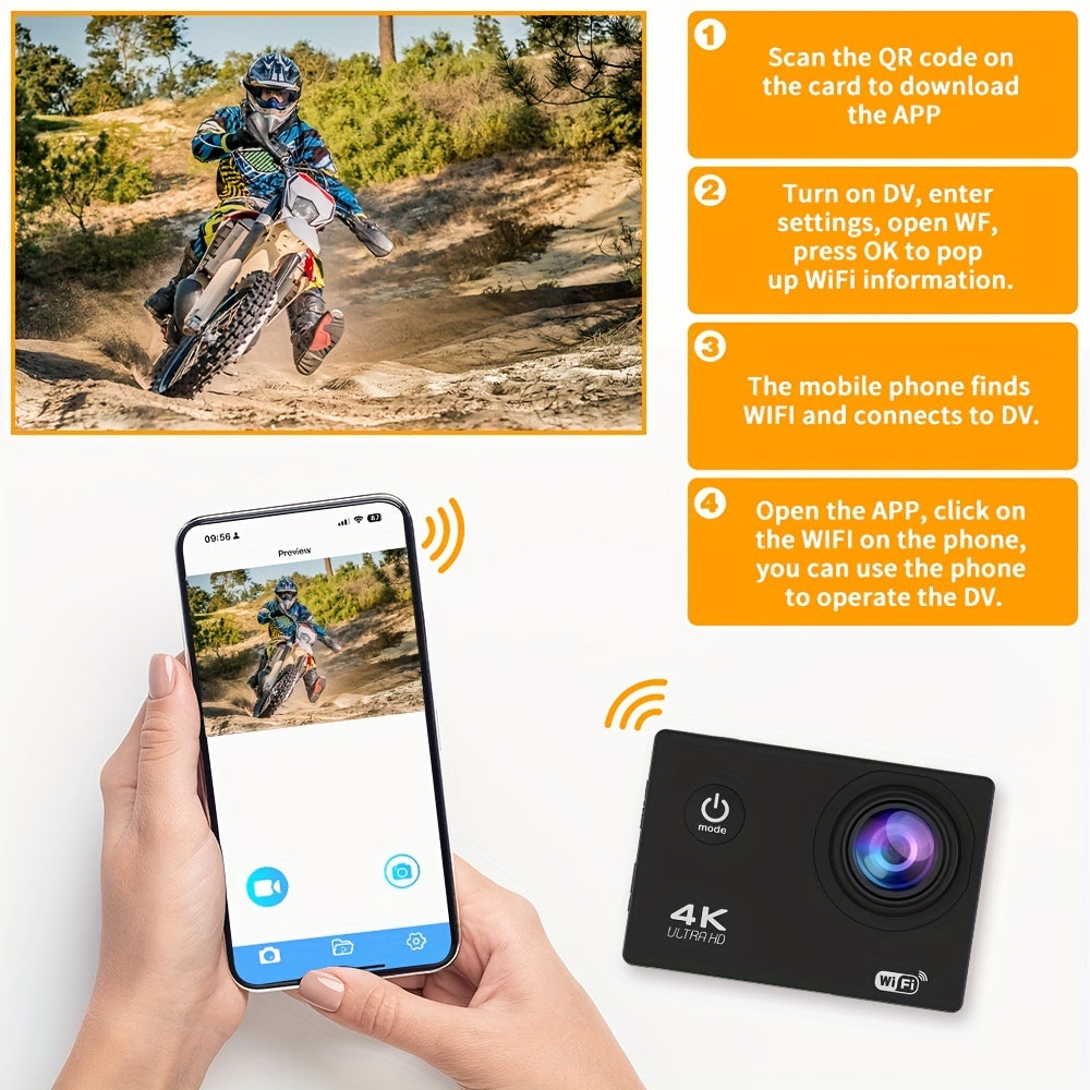 Cámara de acción 4K Ultra HD - Resistente al agua, WiFi, control remoto, tarjeta de 8 GB, lente gran angular de 170° - Captura tus aventuras como nunca antes