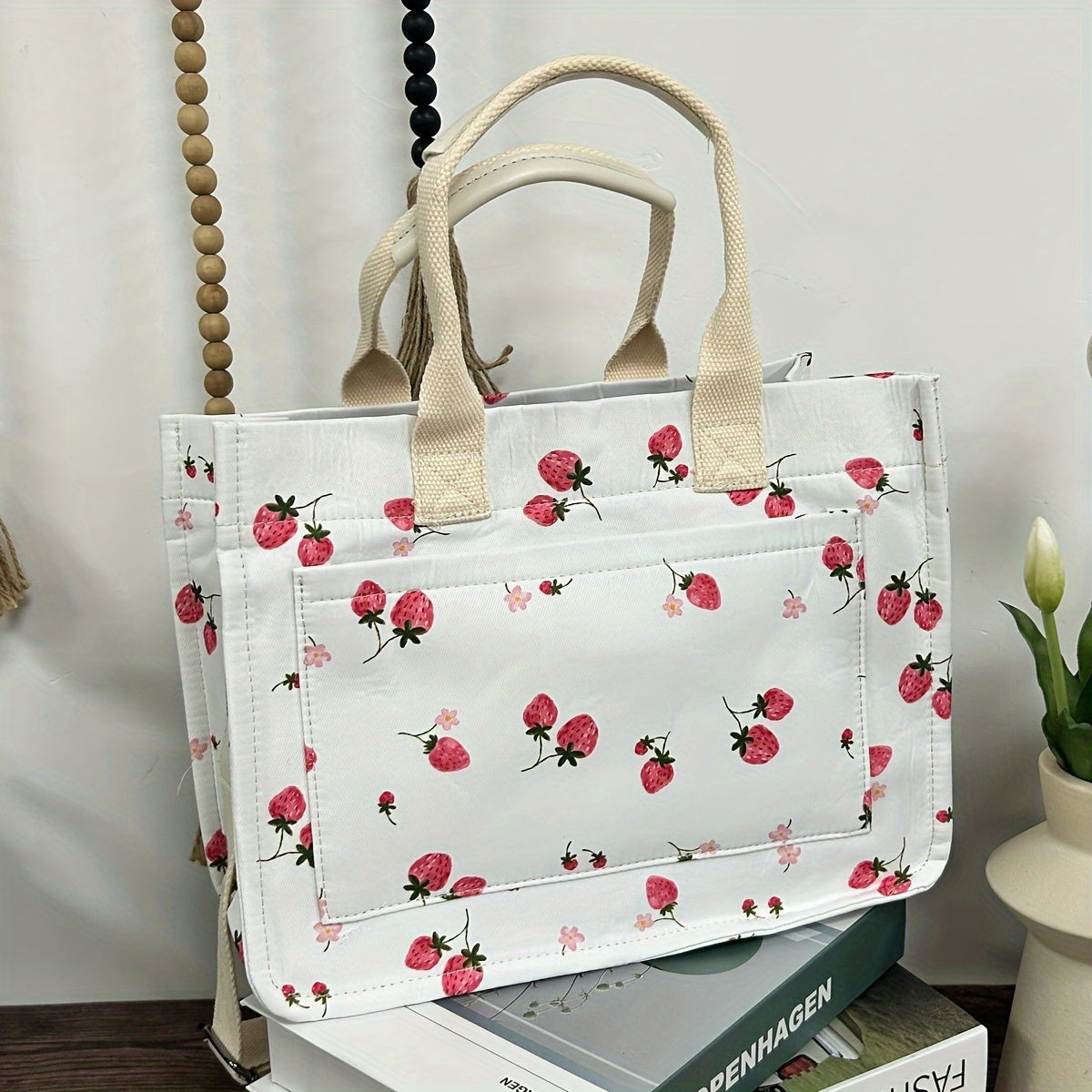 StrawberryTote Bolso para mujer Bolso de lona con parches Lindo bolso de hombro Bolso de mano con Múltiples bolsillos para viajes de trabajo (solo bolso cruzado)