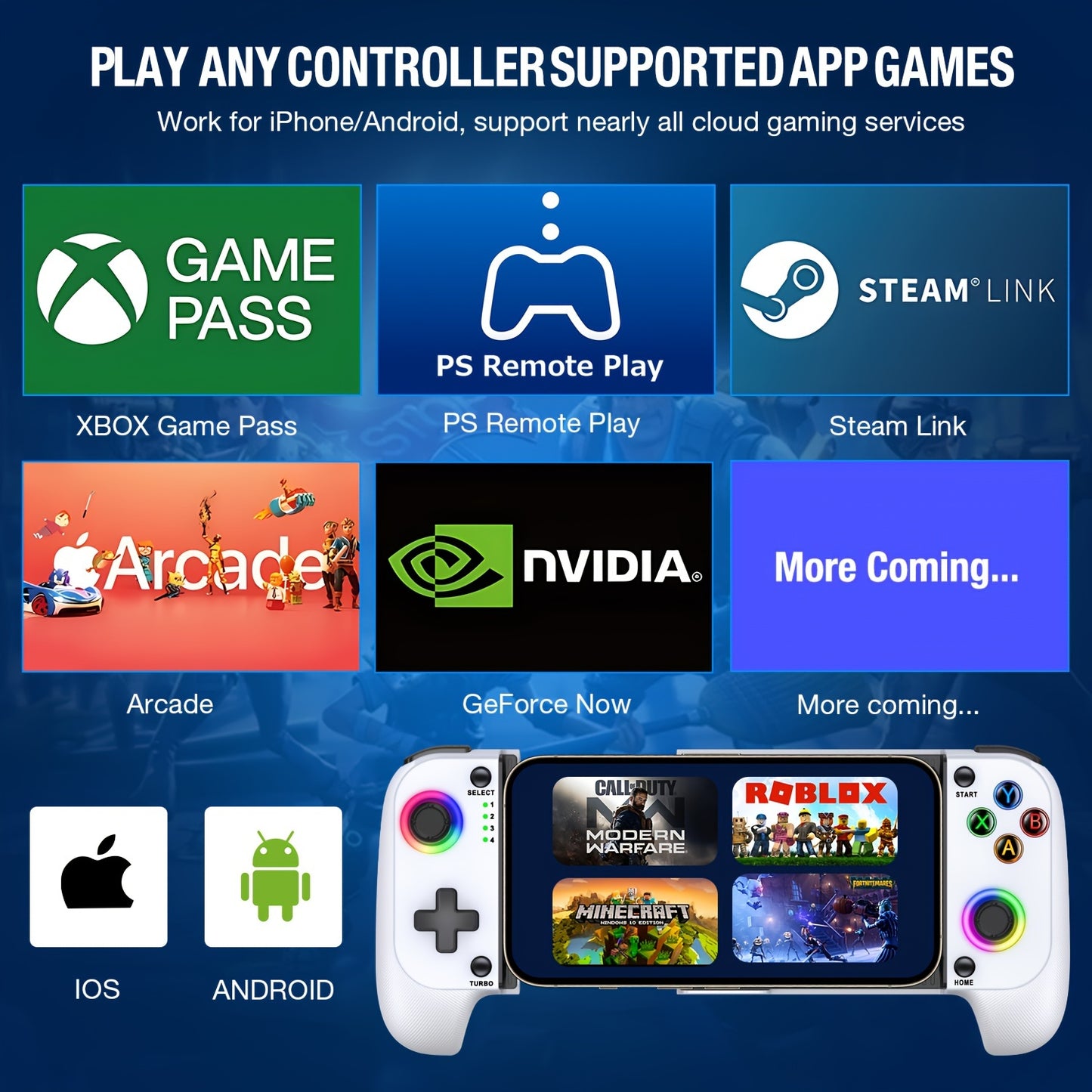 Controlador de juego móvil MC100 para iPhone/Android, compatible con funda de teléfono, mando basculante de efecto Hall para jugar a PS Remote Play, Xbox Cloud, Steam Link, GeForce Now, plataforma MFi Apple Arcade y