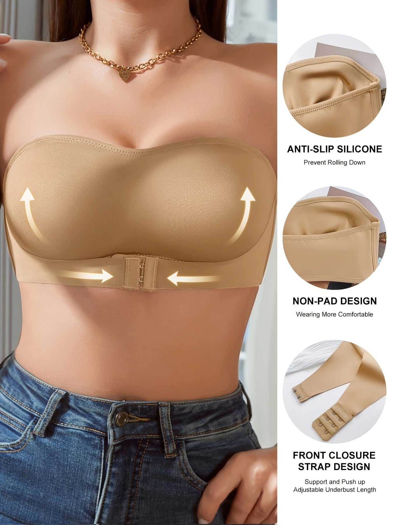 Sujetador sin tirantes con hebilla delantera, sujetador bandeau sin aros y sin relleno, lencería y ropa interior para mujer