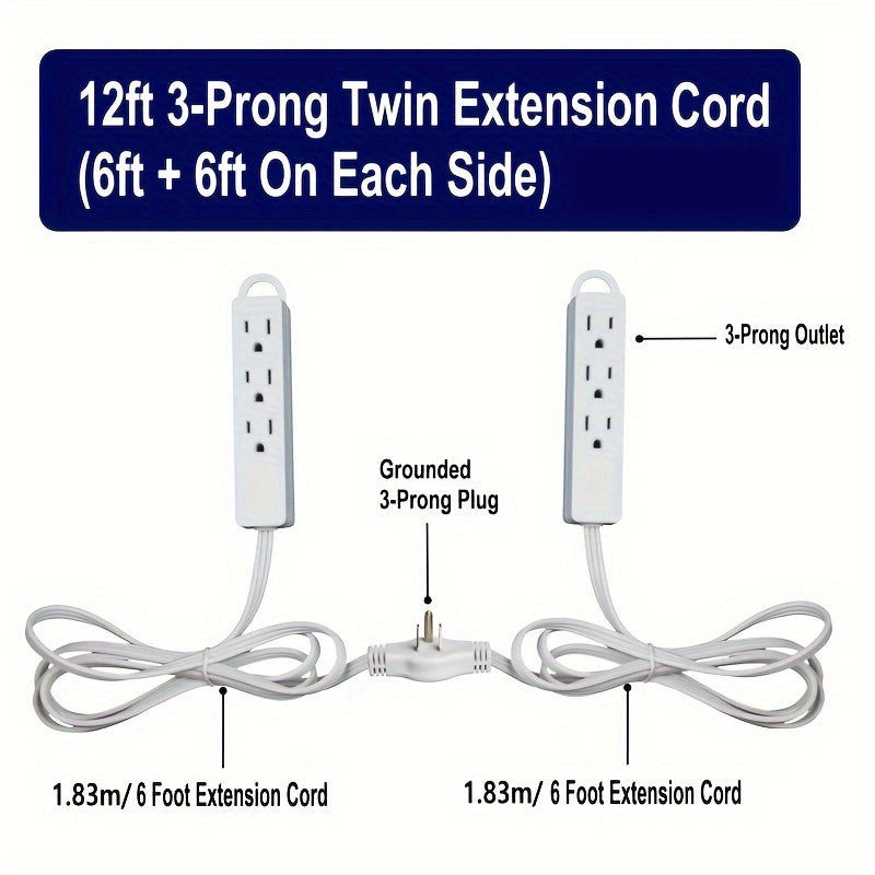 Regleta de alimentación con cable de extensión - Cable de 12 pies - 6 pies en cada lado - Enchufe de salida de cabeza plana (abrazador de pared) - 6 salidas polarizadas 13A 125V 1625W Aprobación ETL