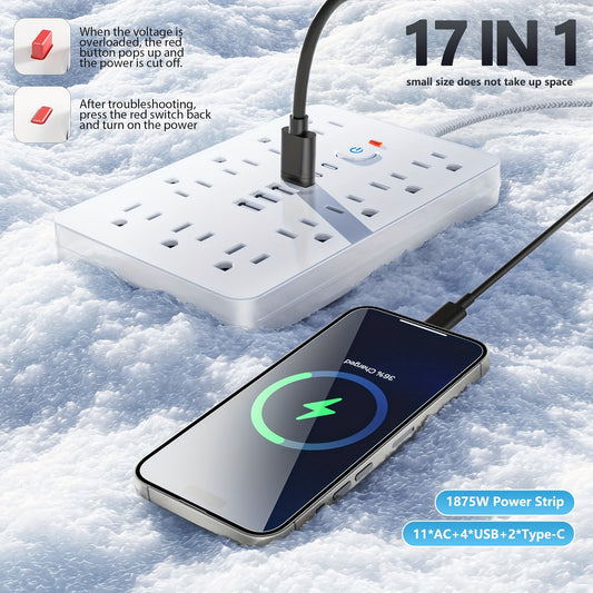 Tira de alimentación con protector contra sobretensiones de enchufe plano, cable de extensión ultradelgado de 5 pies con cargador de pared de 6 USB (2 USB tipo C), estación de carga de escritorio compacta de 11 salidas, soporte de pared para oficina,