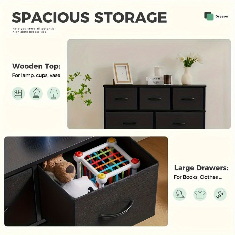 Cómoda para dormitorio, cajones de almacenamiento, mueble de TV, torre de almacenamiento de tela con 7 cajones, cómoda con compartimentos de tela, cubierta de madera para TV de hasta 45 pulgadas, para habitación de niños, armario, entrada, guardería