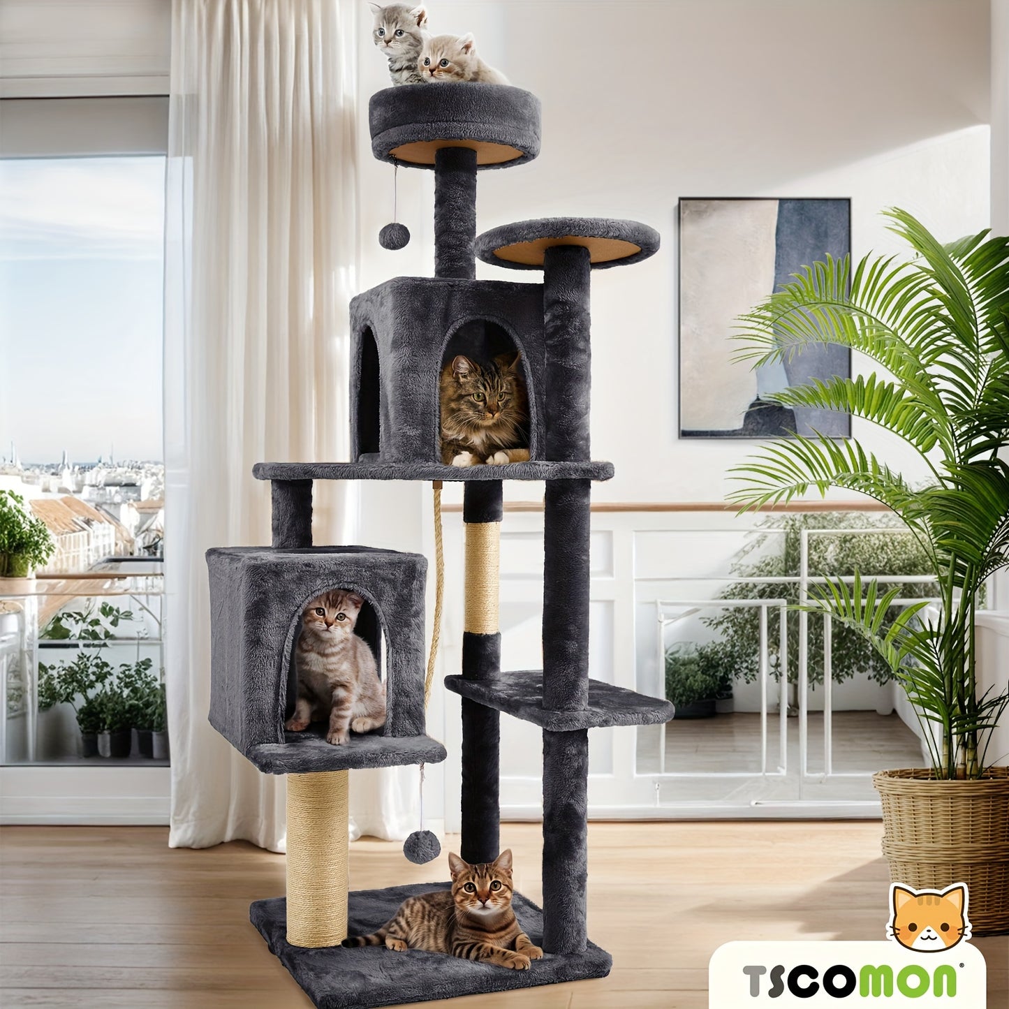 Árbol para gatos grande, torre para gatos de interior, casa para gatos con pelota colgante, poste rascador de sisal para gatos, gris oscuro