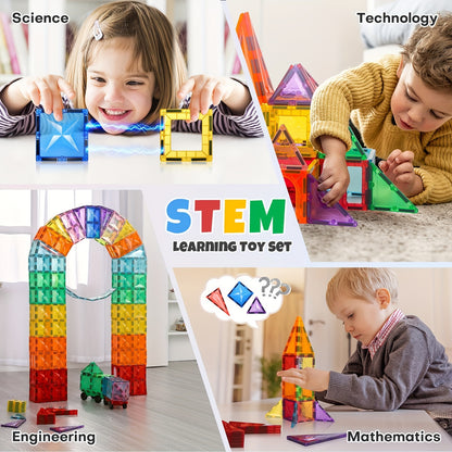 Juego de 120 piezas de azulejos magnéticos de lujo con 2 coches, bloques de construcción de azulejos magnéticos de diamante 3D, juguetes Montessori para 3 a 8 años, juguetes educativos sensoriales para niños preescolares STEM, regalo de Navidad y Hal