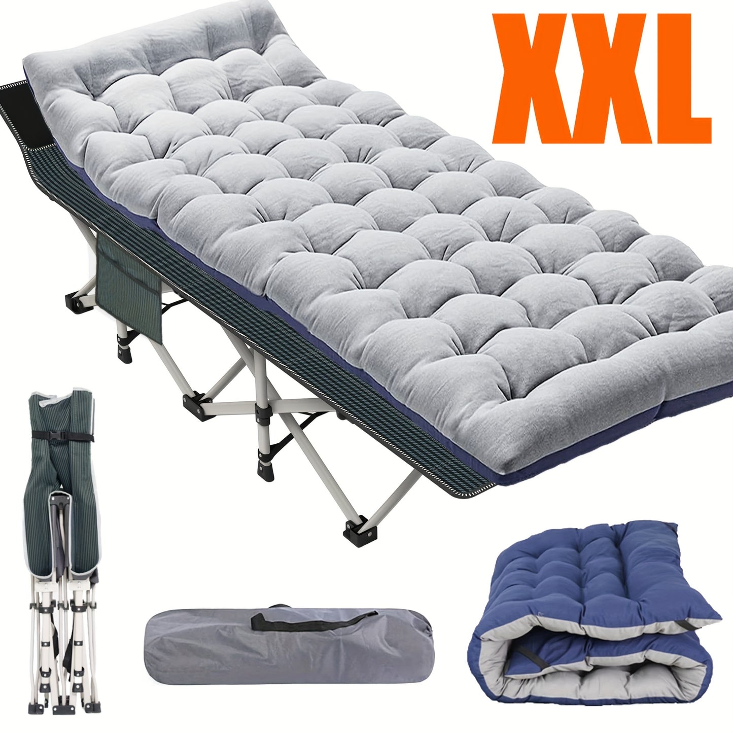 1 cama plegable, catres de camping con colchón de doble cara, cama plegable portátil para invitados, cama para dormir resistente con bolsa de transporte, gris y azul