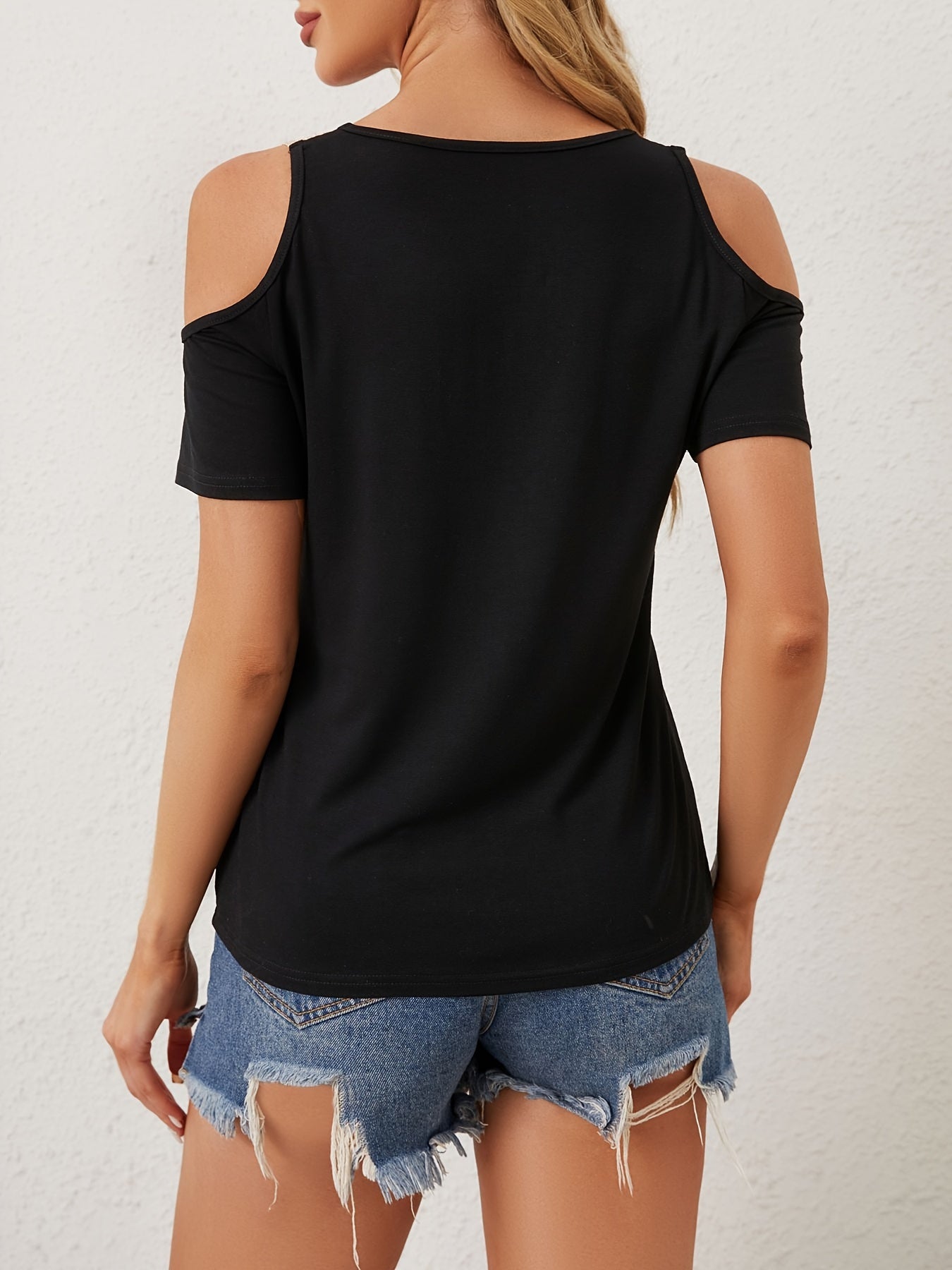 Camiseta con cuello en V y hombros descubiertos, camiseta informal de manga corta con ribete de encaje para primavera y verano, ropa de mujer