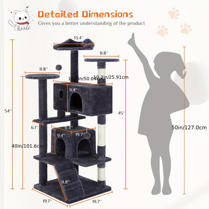 Sweetcrispy Árbol para gatos, Torre para gatos de interior, Torre para árbol para gatos de 54 pulgadas, Muebles para mascotas de varios niveles con poste rascador de sisal, Tela de felpa, Cama grande para condominio, Escalera para escalar, Juguete Ji