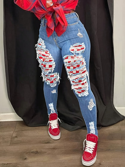 Jeans ajustados desgastados con patchwork rasgados estampados, pantalones de mezclilla elásticos de estilo urbano, jeans de mezclilla para mujer y ropa para el otoño