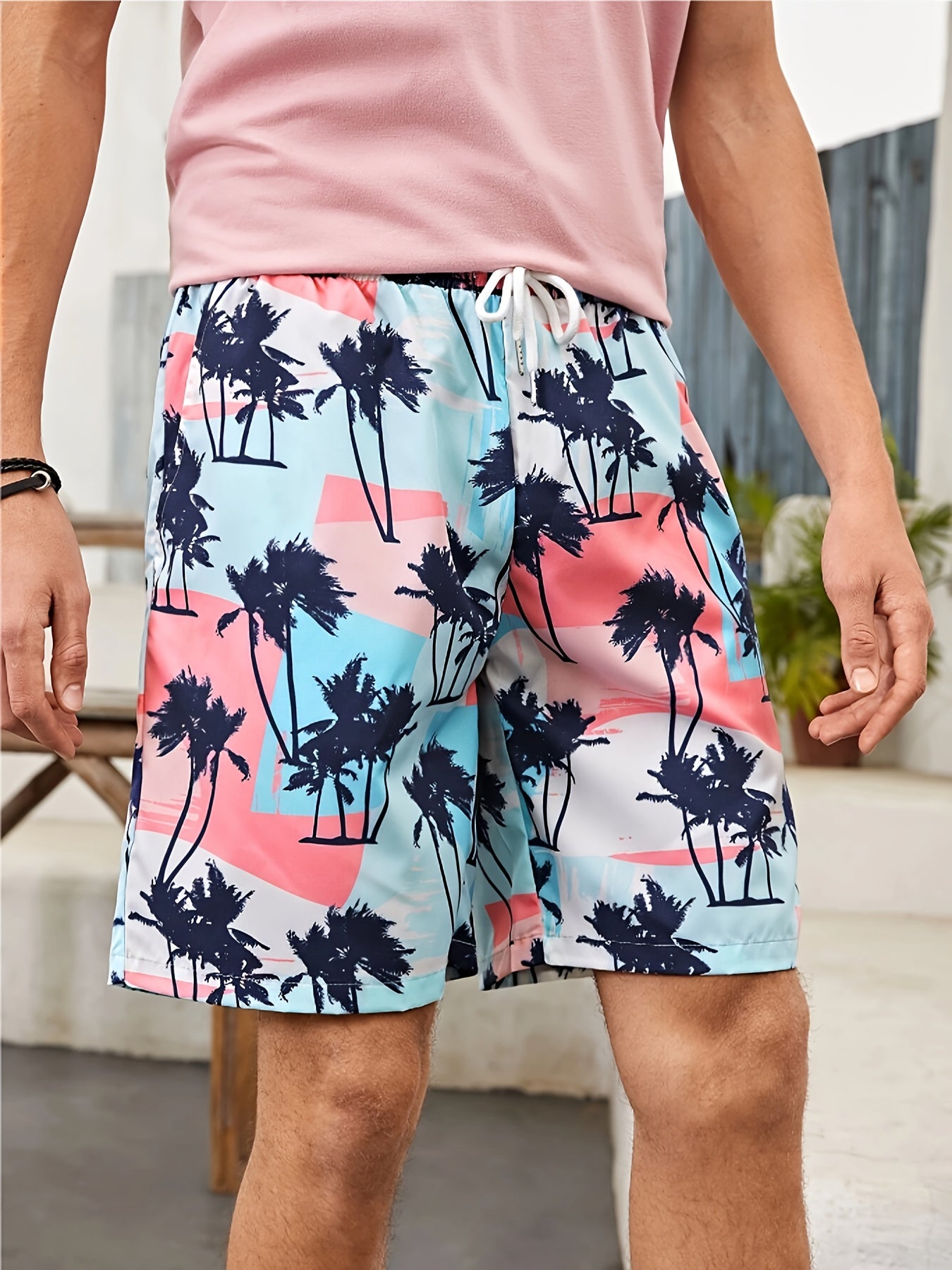 Pantalones cortos de playa para hombre con estampado de árbol de coco, secado rápido con cordón, ligeros para vacaciones de verano en la playa y surf