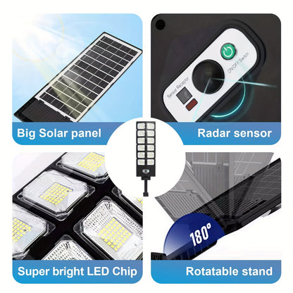 Aplique solar ultrabrillante 504LED: excepcionalmente potente, sensor de movimiento, control remoto, 3 modos, ideal para espacios al aire libre, calle, jardín, garaje, patio trasero, iluminación de seguridad de puerta principal