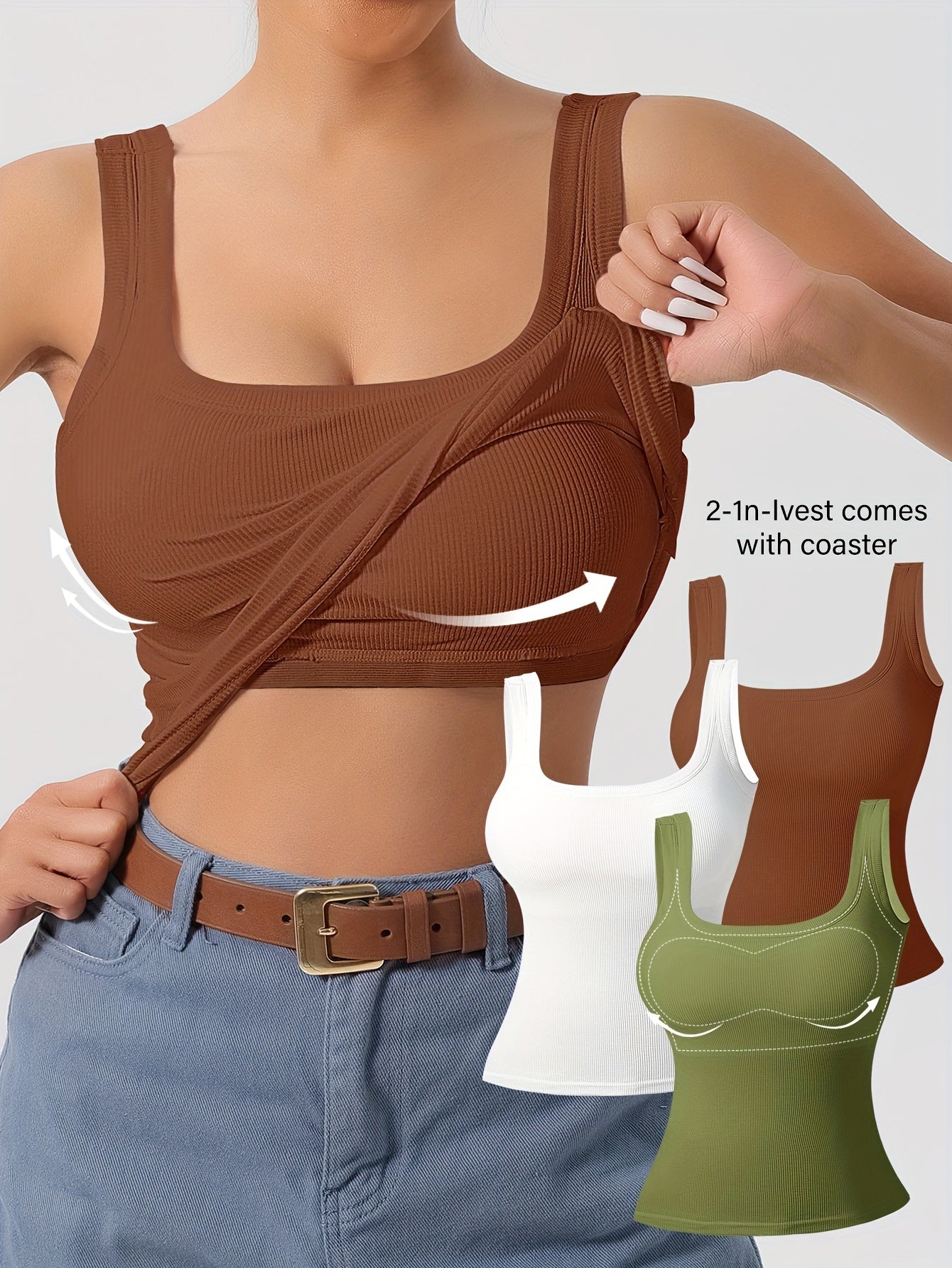 Camisetas sin mangas con espalda en U acanaladas de 3 piezas para mujer con almohadillas extraíbles, corte entallado, colores sólidos, camisolas informales, en capas y para exteriores