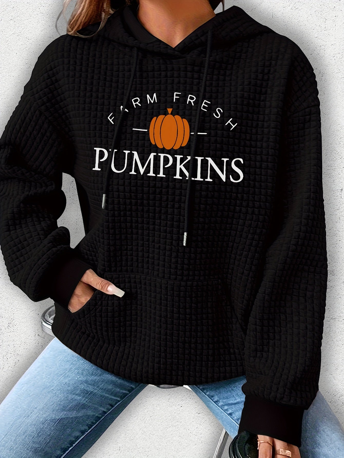 Sudadera con capucha de punto gofre acogedor para mujer con estampado de Halloween y letras: jersey informal con cordón, lavable a máquina, mezcla de poliéster y elastano