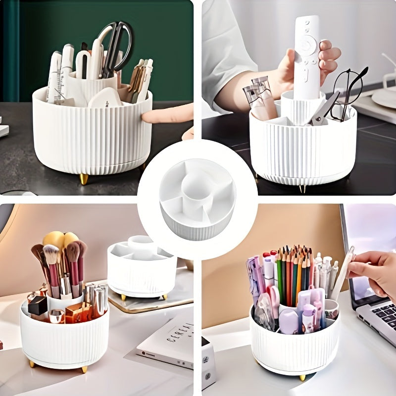 Organizador de maquillaje giratorio de 360° - 1 unidad de almacenamiento de cosméticos de plástico con 5 compartimentos - Soporte multifuncional para brochas, lápices labiales, productos para el cuidado de la piel y artículos de papelería - Organizad