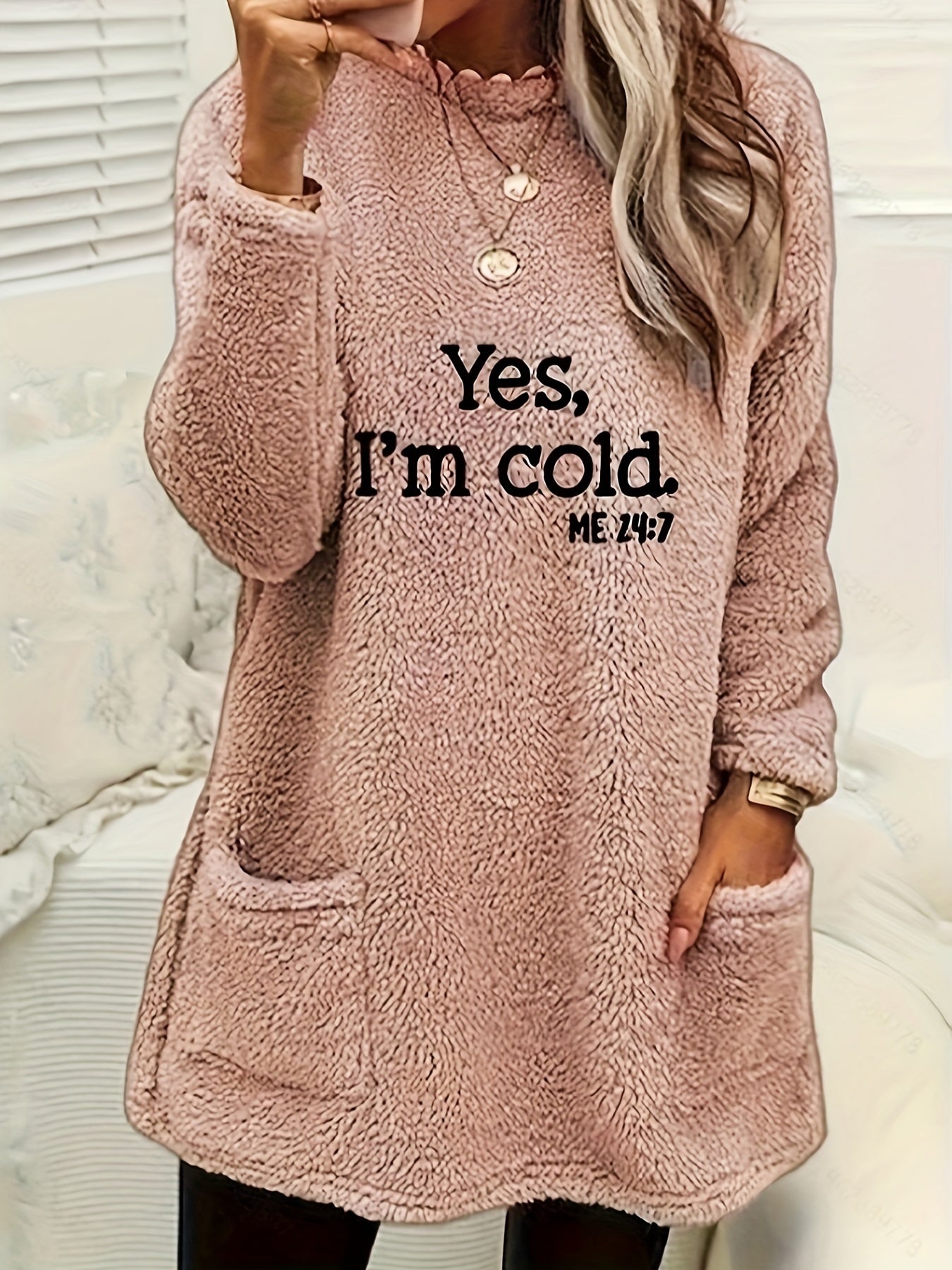 Yes I'm Cold Sudadera de forro polar con estampado, sudadera informal de manga larga con cuello redondo y bolsillos para otoño e invierno, ropa de mujer