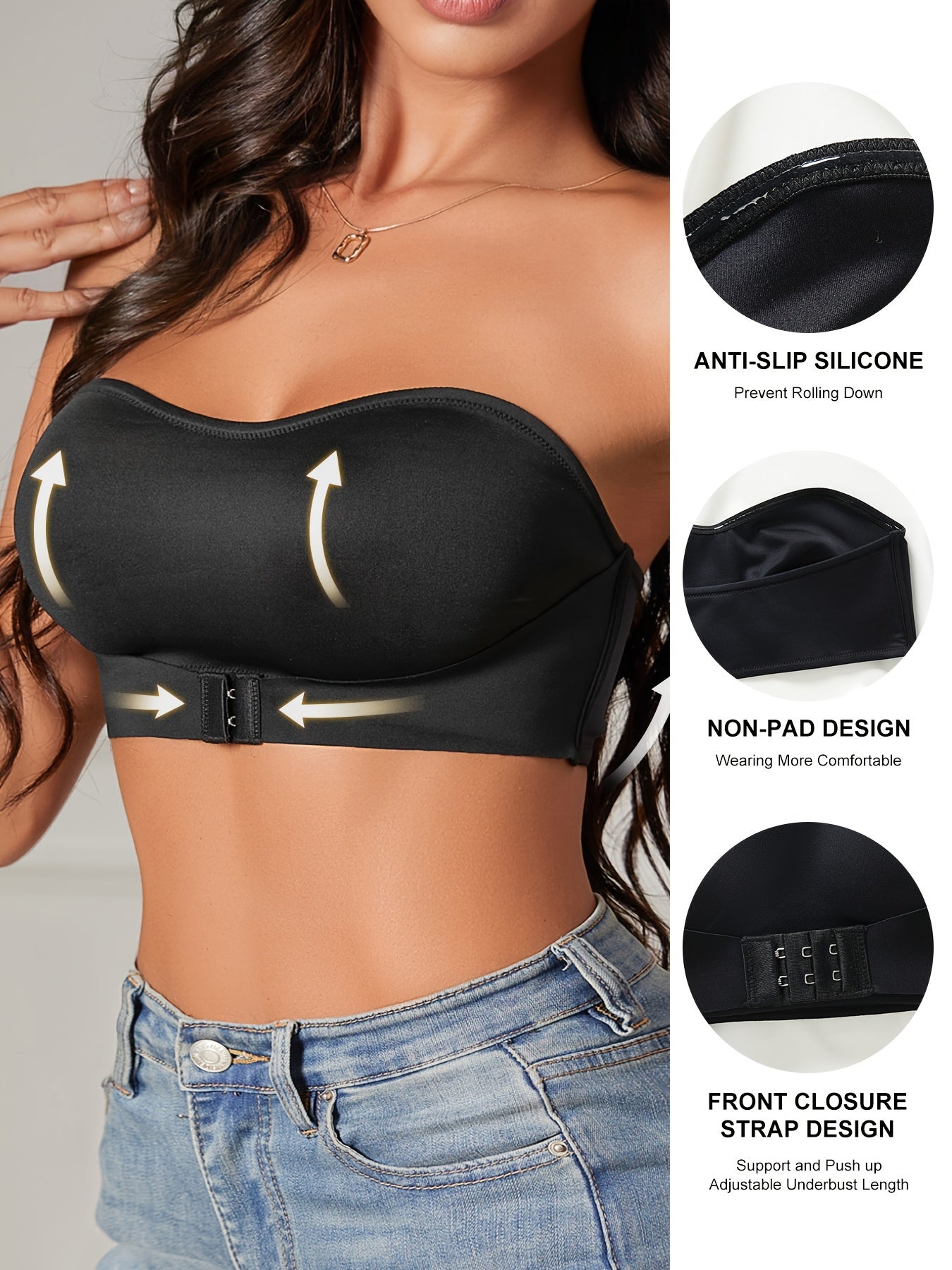 Sujetador sin tirantes con hebilla delantera, sujetador bandeau sin aros y sin relleno, lencería y ropa interior para mujer