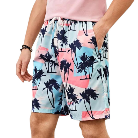 Pantalones cortos de playa para hombre con estampado de árbol de coco, secado rápido con cordón, ligeros para vacaciones de verano en la playa y surf