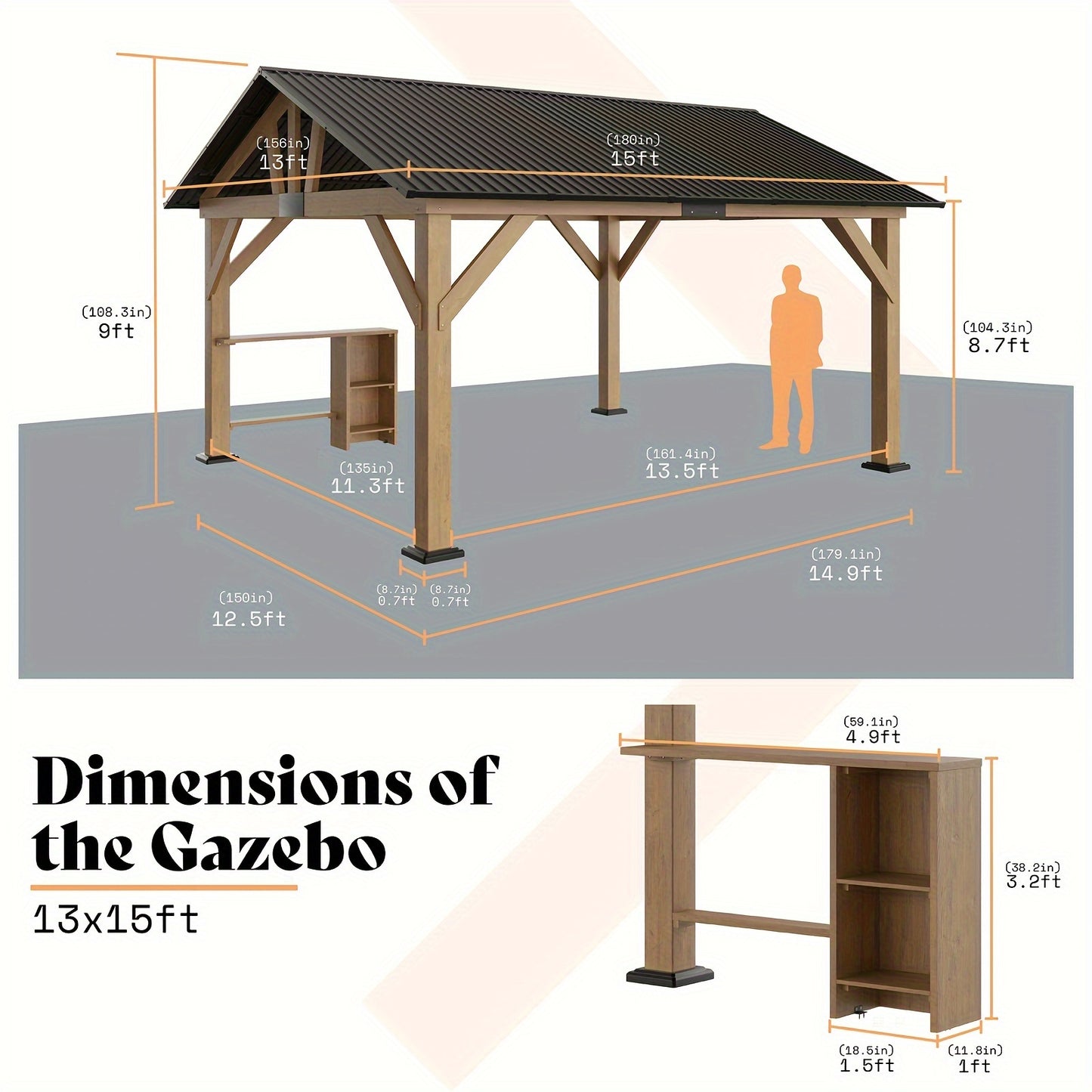 Gazebo de madera, cenador de techo rígido con techo a dos aguas de acero metálico, cenador al aire libre con casa de huéspedes para jardín, patio, porche,