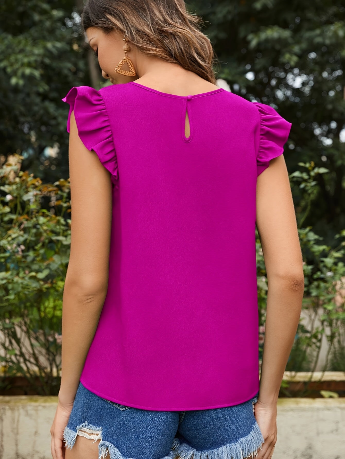 Blusa ahuecada con ribete de volantes lisos, blusa elegante con cuello redondo para primavera y verano, ropa de mujer