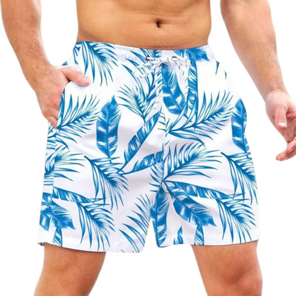 Pantalones cortos de playa para hombre, estampado de hojas tropicales de secado rápido con cordón, para vacaciones de verano en la playa y surf.