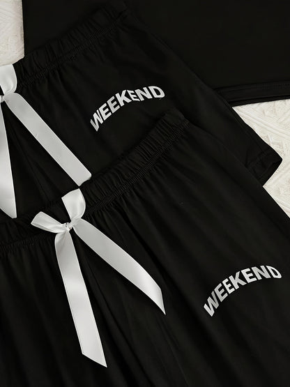 Conjunto de pijama de 3 piezas para mujer, ropa de dormir de manga corta de estilo sencillo con estampado "WEEKEND", ropa informal cómoda para estar en casa