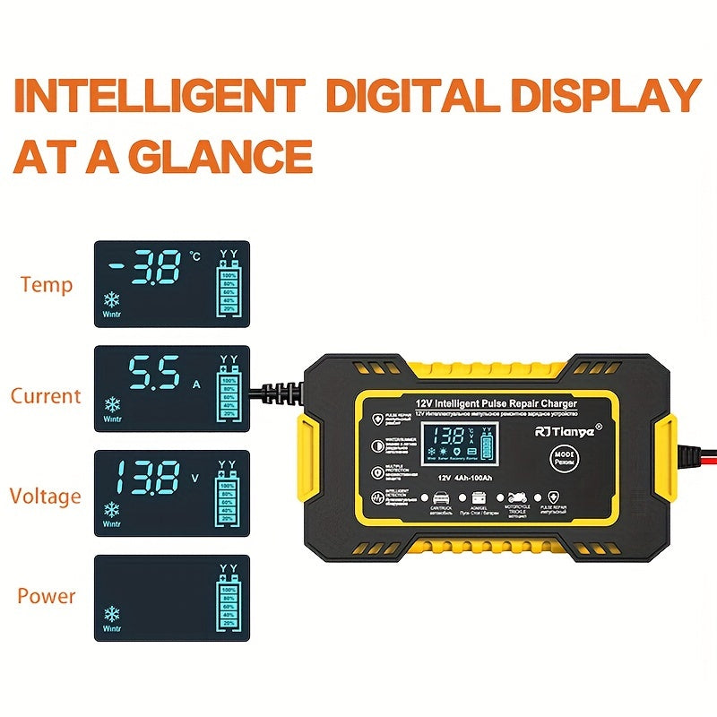 Cargador de batería para automóvil, cargador lento de batería inteligente de 12 V 2 Ah-100 Ah Desulfatador de mantenimiento de batería automotriz con compensación de temperatura