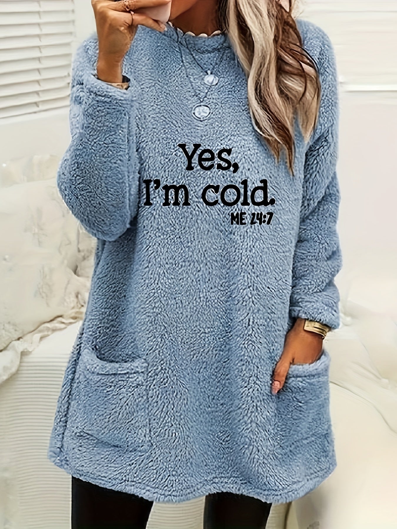 Yes I'm Cold Sudadera de forro polar con estampado, sudadera informal de manga larga con cuello redondo y bolsillos para otoño e invierno, ropa de mujer