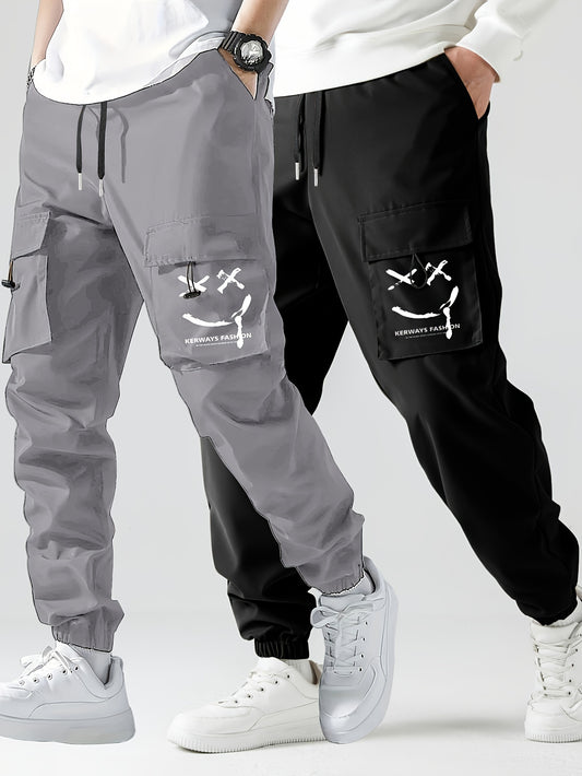 Pantalones cargo para hombre con estampado de cara sonriente, elegantes, de 2 piezas, con bolsillos, informales, transpirables, con cordón, para caminar por la ciudad, actividades al aire libre