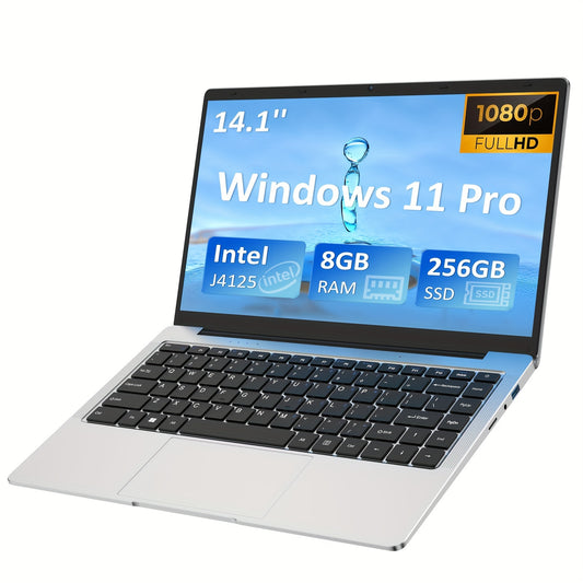Computadora portátil Auusda con 8GB LPDDR4 256GB SSD, Intel Celeron J4125 hasta 2,5 GHz, 35,81 cm 1920x1080 IPS, cámara web, Mini HD, USB-A X 2, ranura para tarjeta Micro SD, Windows 11 Pro