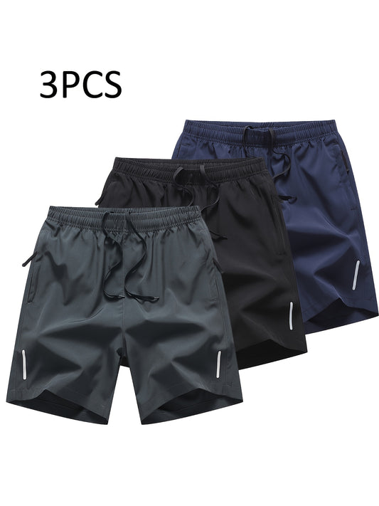 Pantalones cortos activos de moda sólidos para hombre, pantalones cortos con cordón y bolsillos con cremallera para entrenamiento de verano, diario de verano, 3 uds.