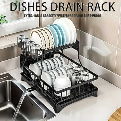 1 escurreplatos, escurreplatos doble que ahorra espacio con escurridor y soporte para cubiertos, organización multifuncional de almacenamiento de platos de gran capacidad para encimeras de cocina, organización y almacenamiento de cocina, accesorios d