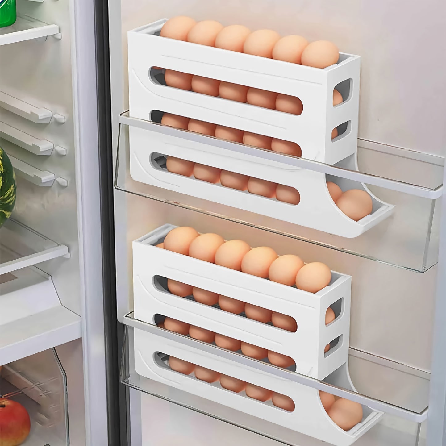 Rejilla para huevos con ruedas automática, rejilla para huevos con puerta lateral para refrigerador que ahorra espacio