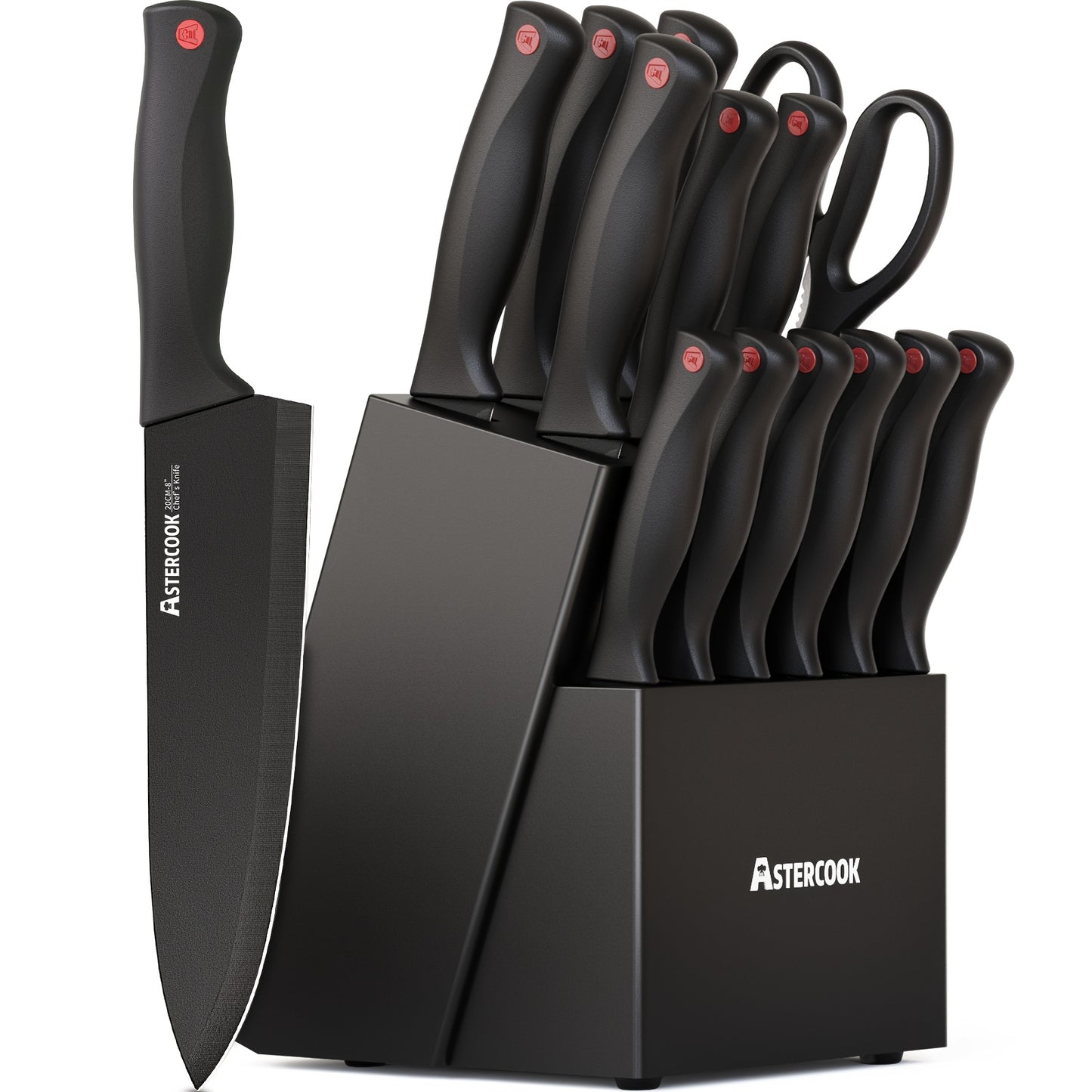 Astercook Juego de cuchillos de 15 piezas con bloque afilador - Acero inoxidable alemán, cuchillos de cocina aptos para lavavajillas con afilador incorporado, negro