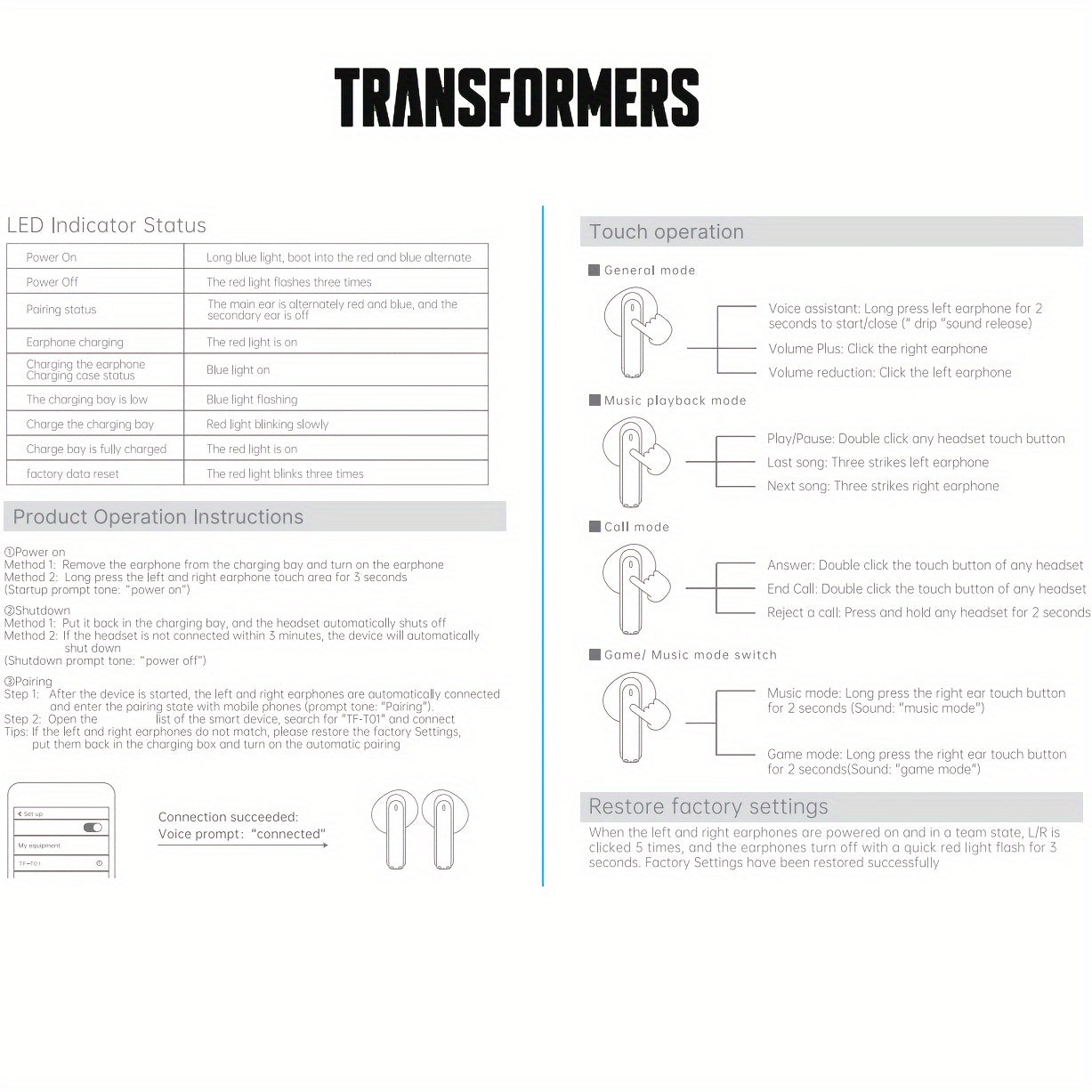 Transformers Earpods TF-T01 Auriculares internos inalámbricos con cancelación de ruido para Android, Iphone, Ios, TWS, auriculares inalámbricos de alta fidelidad con calidad de sonido.