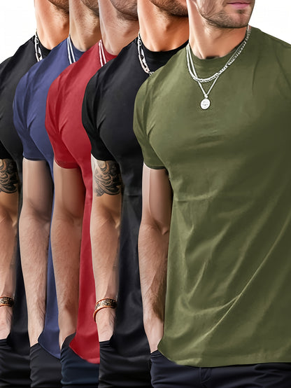 5 camisetas deportivas de moda para hombre, camiseta informal elástica de cuello redondo para verano