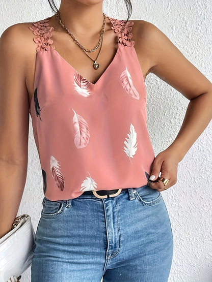 Camiseta sin mangas de encaje con estampado de plumas, camiseta sin mangas informal con cuello en V para verano, ropa de mujer